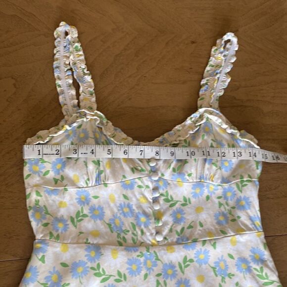 Zara Ivory Yellow Blue Floral Smocked Ruffle Printed Satin Mini Dress Size M - Picture 9 of 11